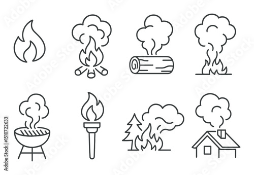 Smoke and flame icon set in linear style. fire, burning, combustion symbols