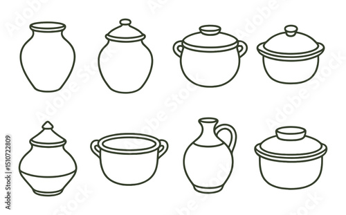 Clay pot icon set: linear style ceramics and pottery symbols for design