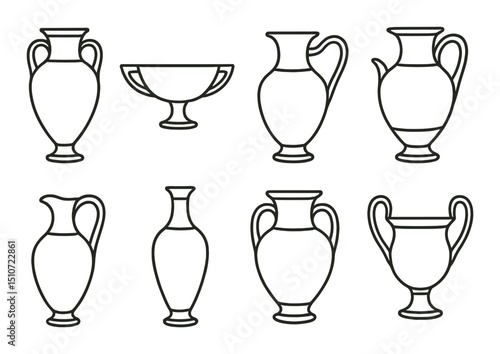 Antique urns icon set in silhouette style. vintage pottery and ceramic symbols