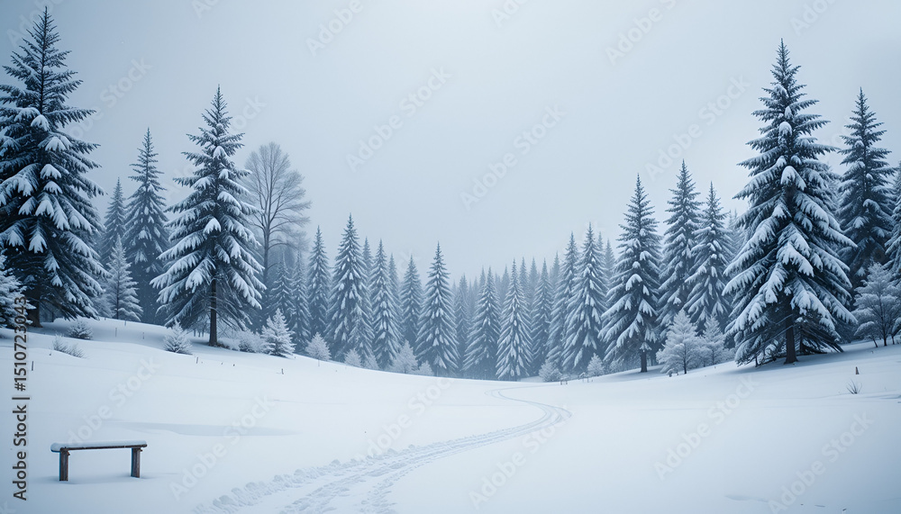 Serene Winter Wonderland Snow Covered Pine Trees Forest Landscape with Bench Serene Winter Wonderland Snow Covered Pine Trees Forest Landscape with Bench