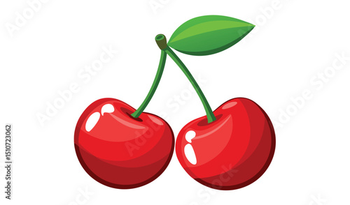 Two ripe red cherries with green stem and leaf