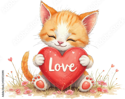 Cute kitten holds heart with love written on it in soft pastel colors for Valentine's Day celebrations, kids illustration