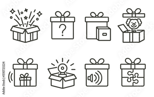 Gift box linear icon set for celebrations. present and packaging symbol collection