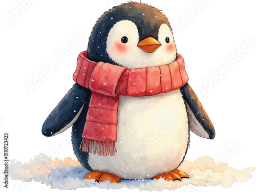 Cute penguin wearing a cozy heart-adorned scarf in warm watercolor style perfect for Valentine's Day, kids illustration