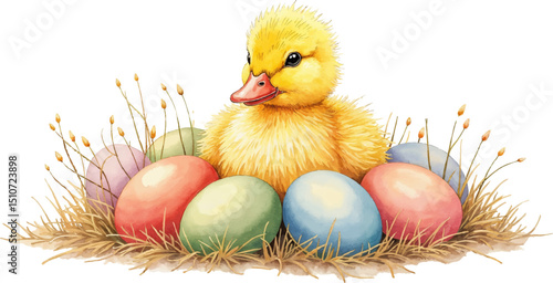 Duckling nestled among colorful Easter eggs in a soft watercolor illustration perfect for spring decorations, kids illustration