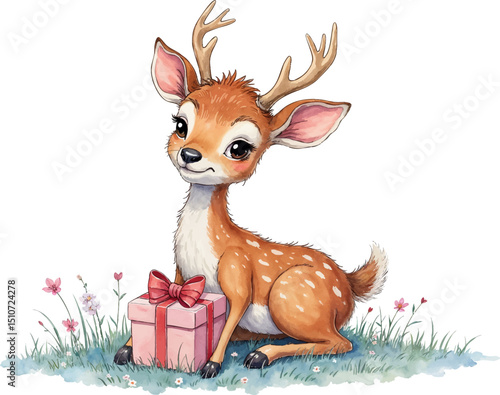 Fawn happily holding a beautifully wrapped gift in a watercolor style illustration using soft pastel colors for Mother's Day, kids illustration
