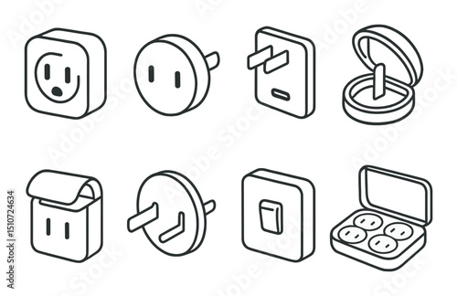 Universal plug adapters icon set. simple silhouettes for travel and electrical needs