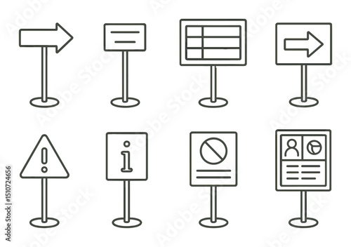 Signage stand linear icon set. wayfinding, information, and direction symbols