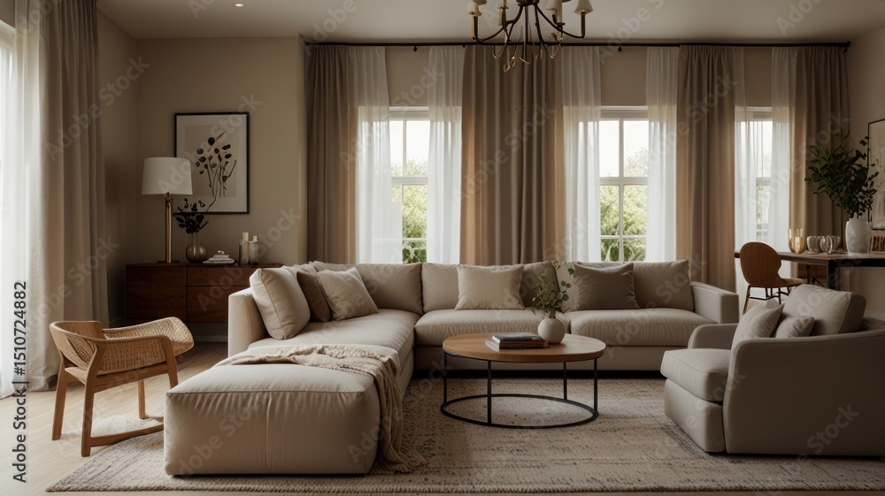 Beige living room with large windows and neutral decor Beige living room with large windows and neutral decor