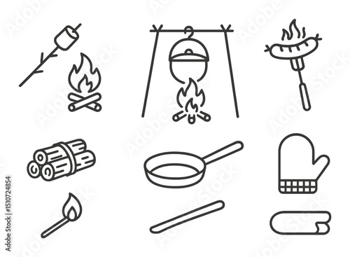 Campfire cooking icon set in linear style. outdoor meal and fire pit symbols