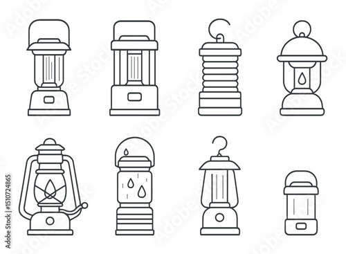 Outdoor camping lantern icon set in linear style. hiking and adventure light symbols