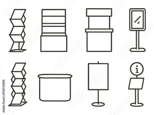 Exhibition stand icon set in linear style. trade show and display booth symbols.