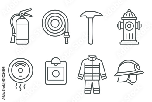 Firefighting linear icon set. emergency response and rescue tools symbols