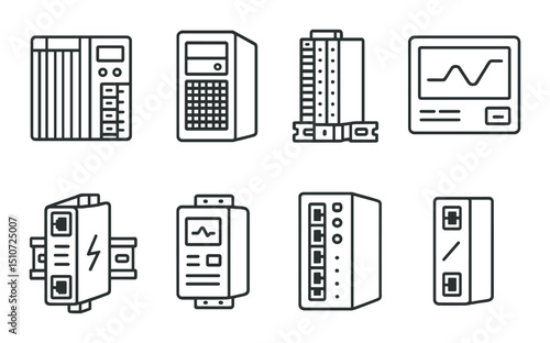 Industrial control silhouette icon set. automation and machinery symbols