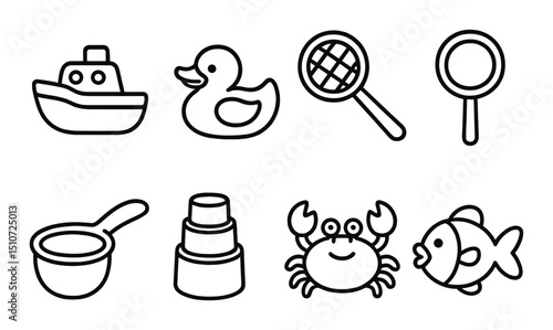Fun bath toys icon set. simple linear style for playful bath time essentials