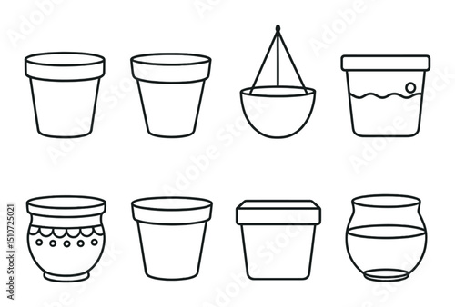 Variety of flower pots icon set in linear style. plant and garden symbols collection