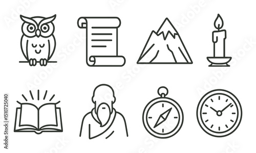 Wisdom and knowledge icon set in linear style. insightful, educational symbols