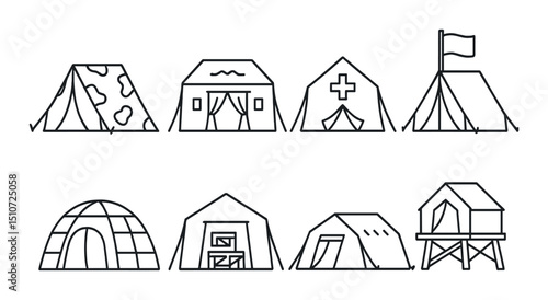 Military tent icon set in linear style. army shelter and camp symbols
