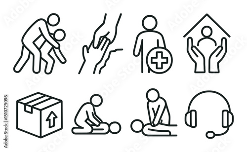 Emergency aid icon set: simple flat style. crisis, rescue, first aid symbols
