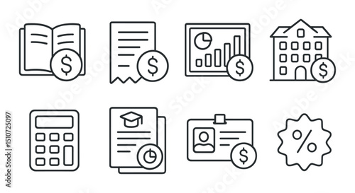 Student budget flat icon set. finance management and affordable living symbols