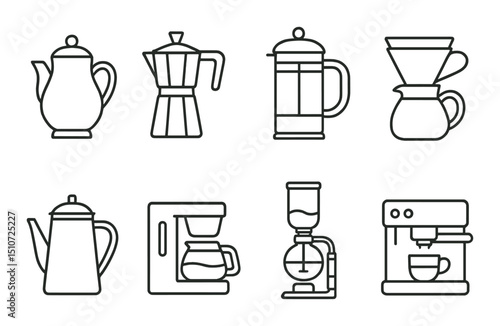 Coffee pot icon set: flat, brewing and kitchen symbols for cafe lovers