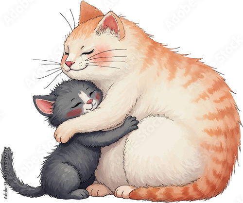Heartwarming kitten hugs mother cat in a tender watercolor illustration for Mother's Day celebration, kids illustration