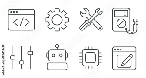 Tech tools icon set in linear style. gadget and device symbols for interfaces