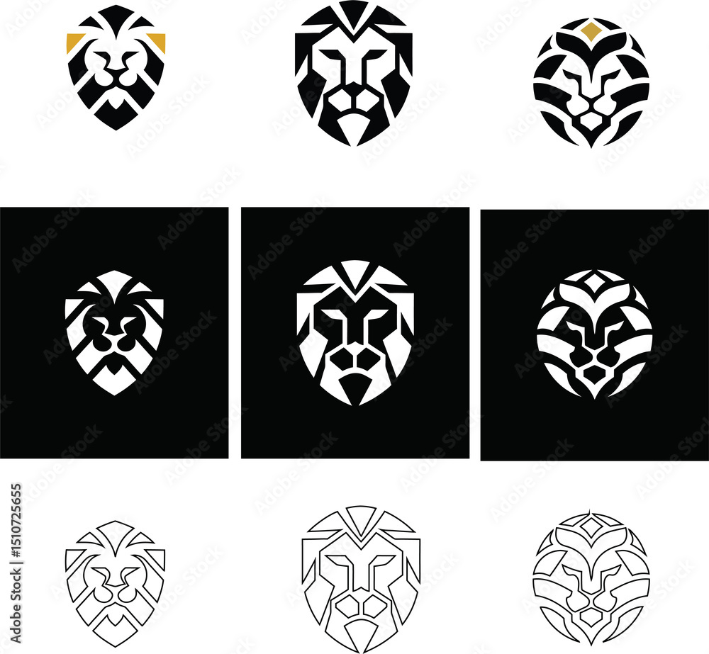 Obraz premium Lion head logo icon set in flat, outline, and button styles, clean vector pack on white background. 
