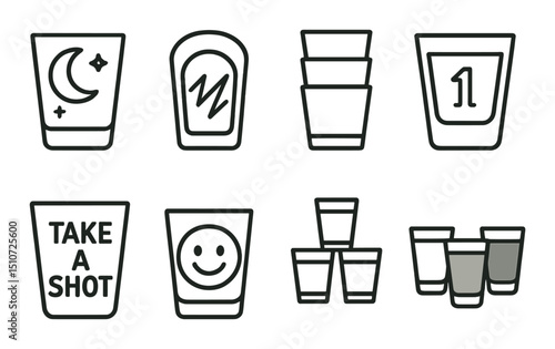 Party shot glasses flat icon set. cocktail, drink symbols for celebrations