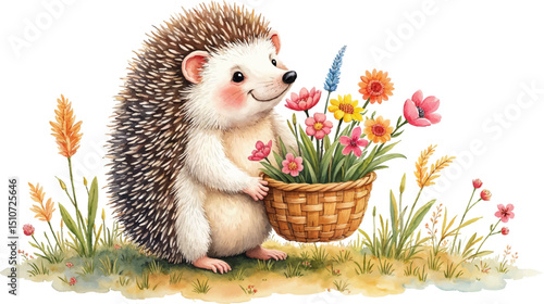 Hedgehog joyfully plants flowers in a basket on a bright Earth Day afternoon in a watercolor style illustration, kids illustration