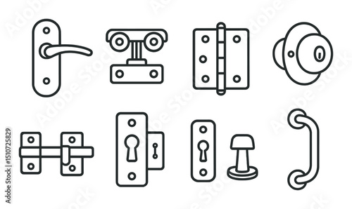 Closet door hardware icon set in silhouette style. lock, handle, hinge symbols