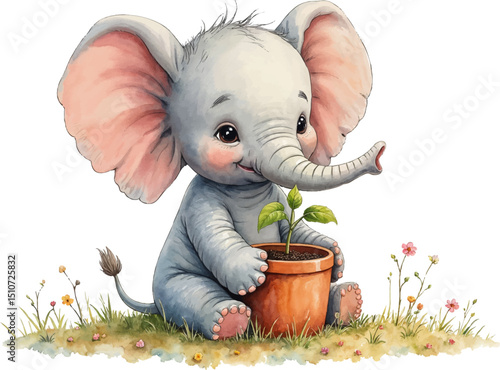 Joyful baby elephant nurturing a sapling in a pot with a warm smile featuring soft earth tones for Earth Day inspiration, kids illustration