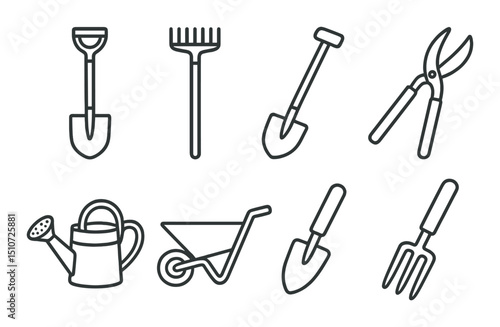 Gardening tools icon set in silhouette style. horticulture and landscaping symbols