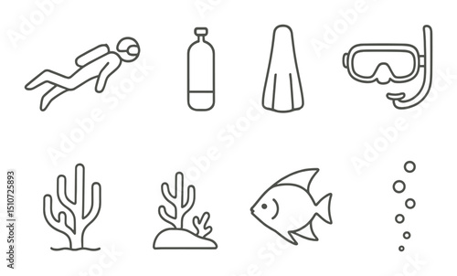 Diving linear icon set: scuba, ocean exploration, underwater adventure symbols