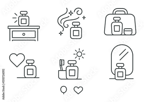Perfume essentials linear icon set. fragrance and scent symbols for beauty