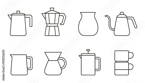 Minimal coffee utensils icon set, featuring linear style tools and beverage symbols