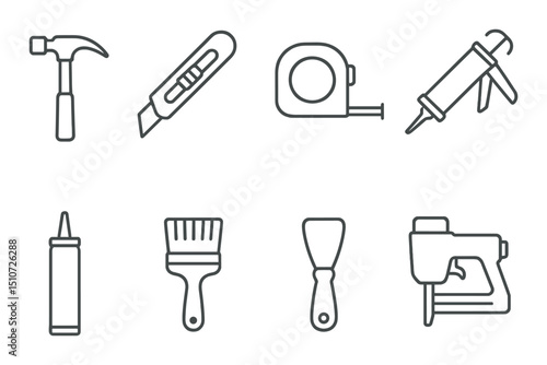 Roofing tools linear icon set: construction and home improvement symbols