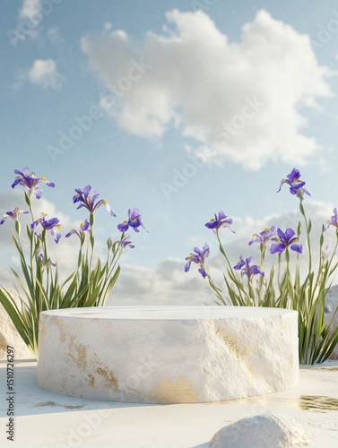A white pedestal with a stone base and a large purple flower arrangement in front of it. The flowers are in full bloom and the sky is blue with some clouds. Concept of serenity and beauty