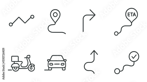 Delivery route icon set in linear style. navigation and logistics symbols