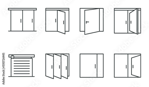 Closet door mechanisms linear icon set. hinges, sliding systems, and design elements