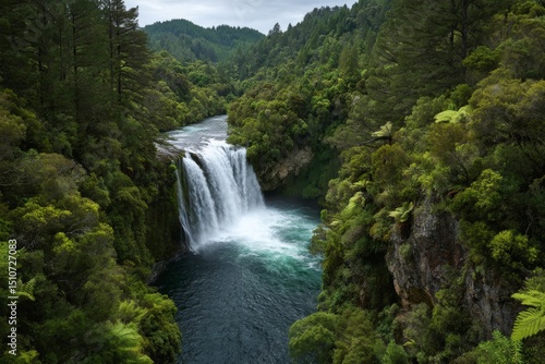A captivating view of a frozen lake nestled in the heart of a lush, tropical forest. The river cascades down from above into the serene water, framed by towering trees and surrounded by steep cliffs.