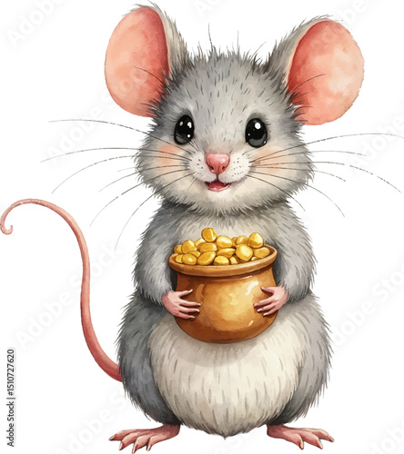 Mouse holds pot of gold with cheerful expression in watercolor illustration celebrating good fortune for St Patrick's Day, kids illustration