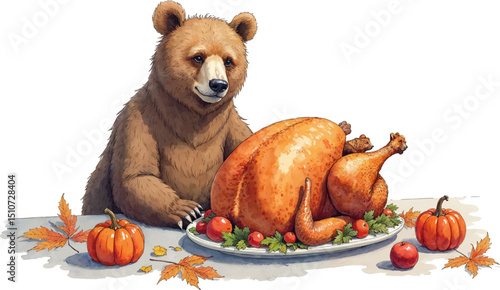 Proud bear enjoys Thanksgiving feast with roasted turkey and autumn decorations, kids illustration