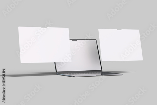 Blank laptop and two pop up screen mockups