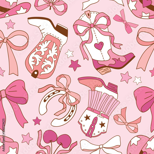 Seamless vector pattern with western cowgirl boots and bows. Hand drawn girly rodeo background. EPS 10 vector file. Perfect for textile, wallpaper or nursery print design.