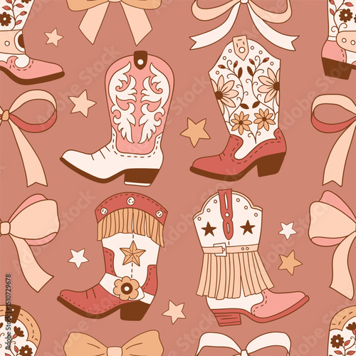 Seamless vector pattern with western cowgirl boots and bows. Hand drawn girly rodeo background. EPS 10 vector file. Perfect for textile, wallpaper or nursery print design.