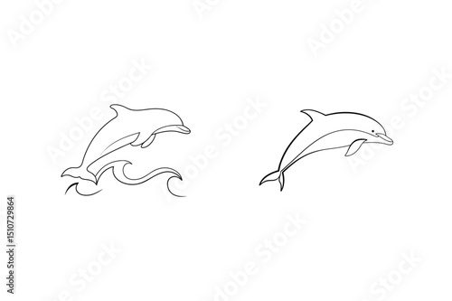 Two jumping dolphins silhouettes in black and white on a clean white background