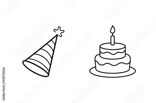 Simple black and white illustration of a party hat and birthday cake