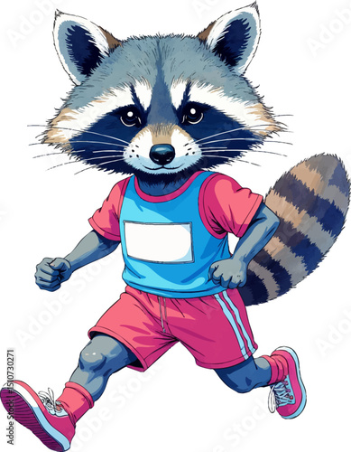 Sporty raccoon illustration in vibrant colors ready for a fun competition on Sports Day, kids illustration