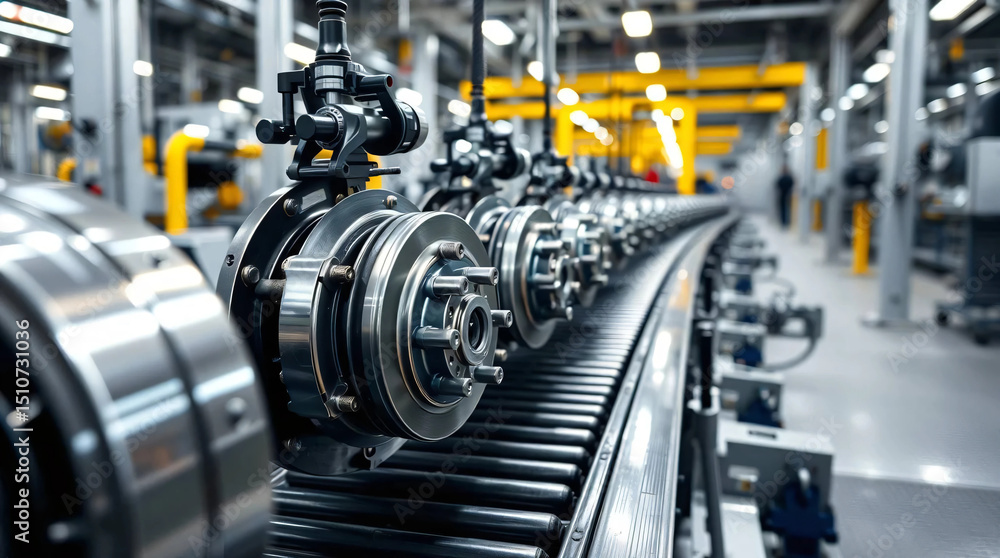 Car brake production on factory conveyor belt Car brake production on factory conveyor belt